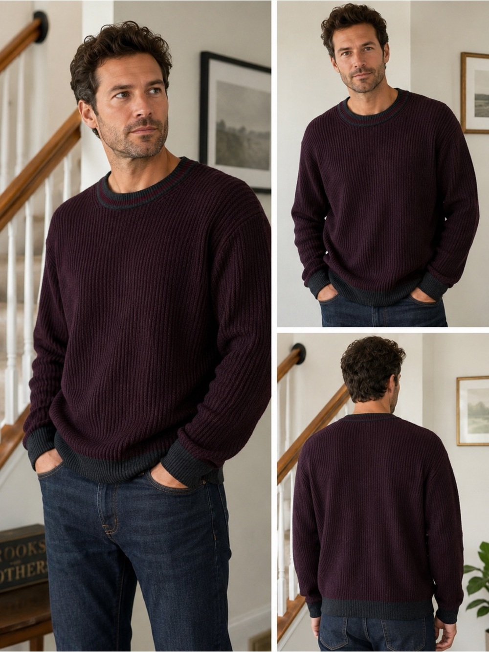 Brooks Brothers Men's Crewneck Sweater in Plum with Dark Trim